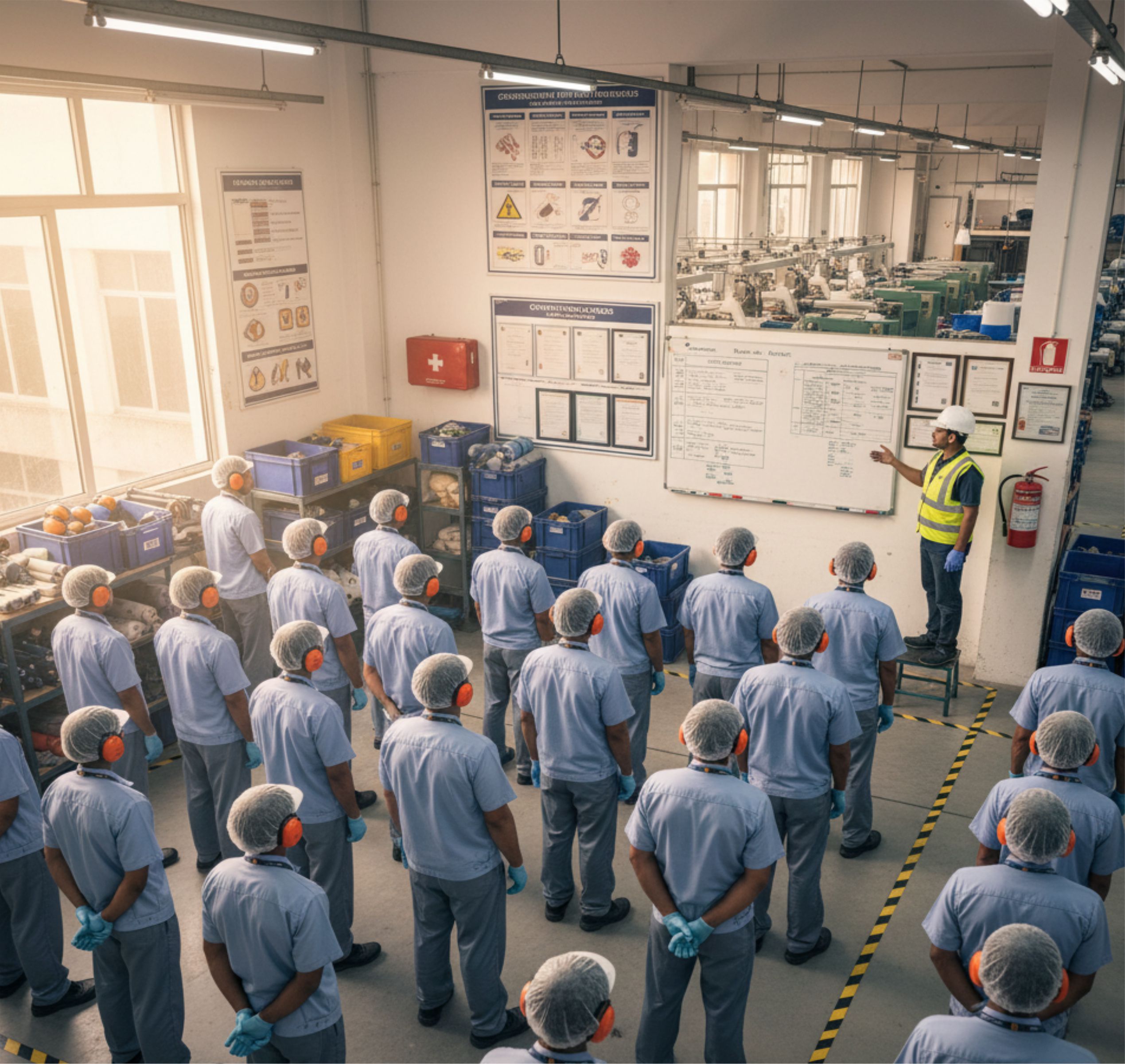 Instructing workers in factory